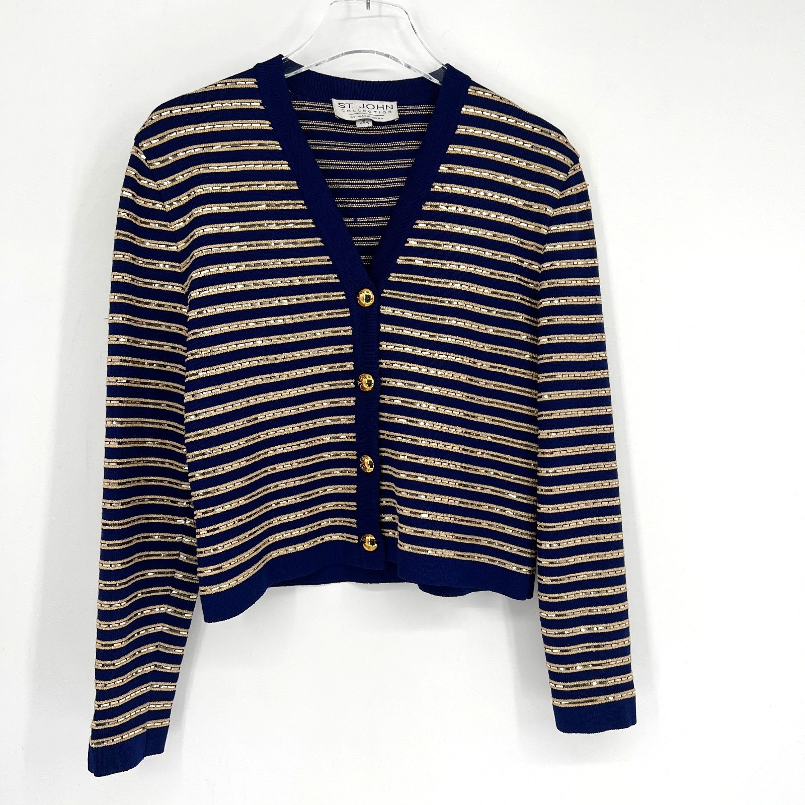 St. John Cardigan Womens M Blue Gold Striped Sparkle Preppy Suiting Formal
